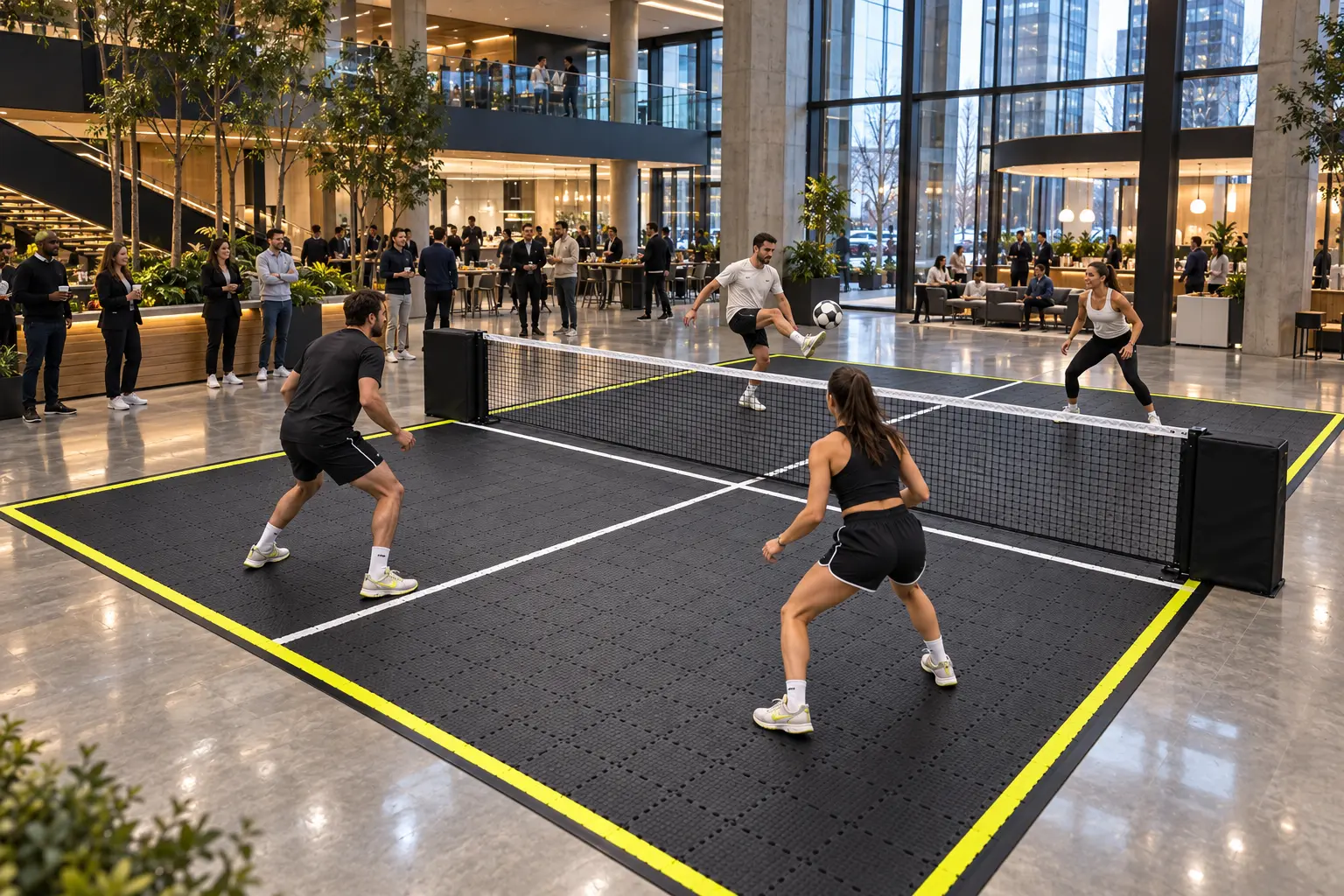 CANCHA football-tennis activation concept inside a corporate office