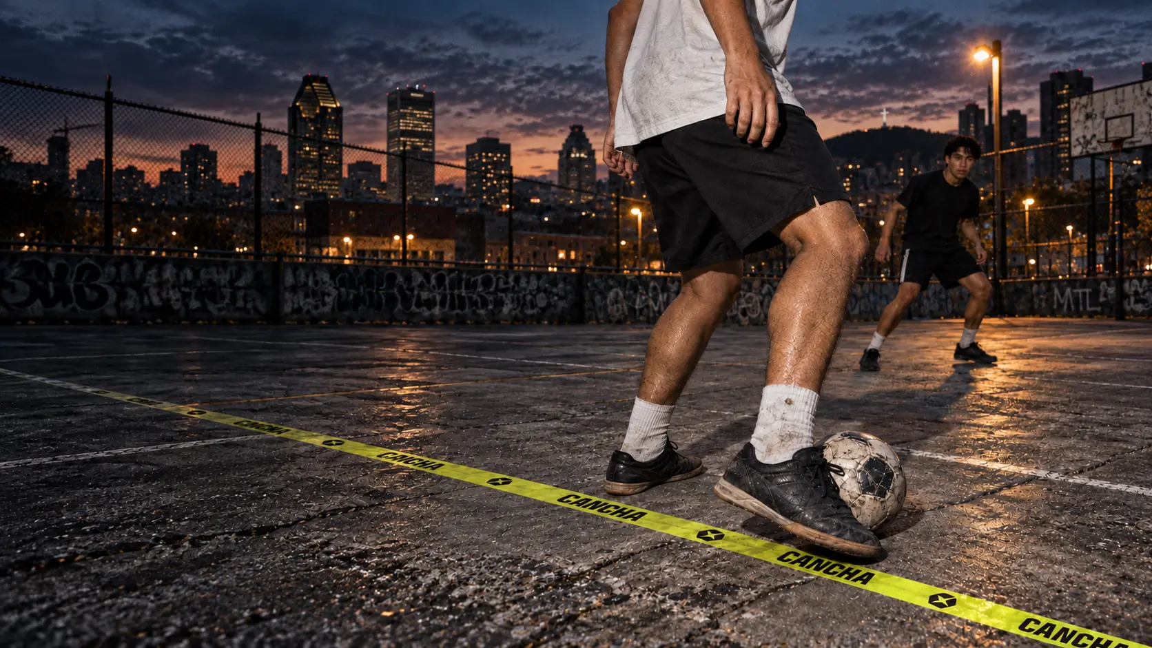 Players making a football game on an urban Montréal court