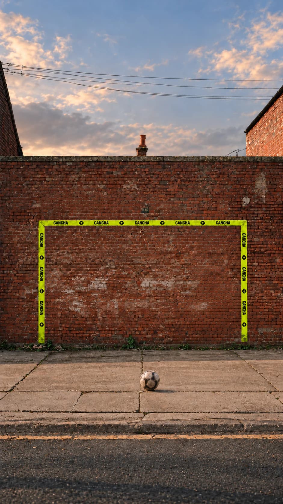 CANCHA line marking a football goal on an urban brick wall with a ball ready to play